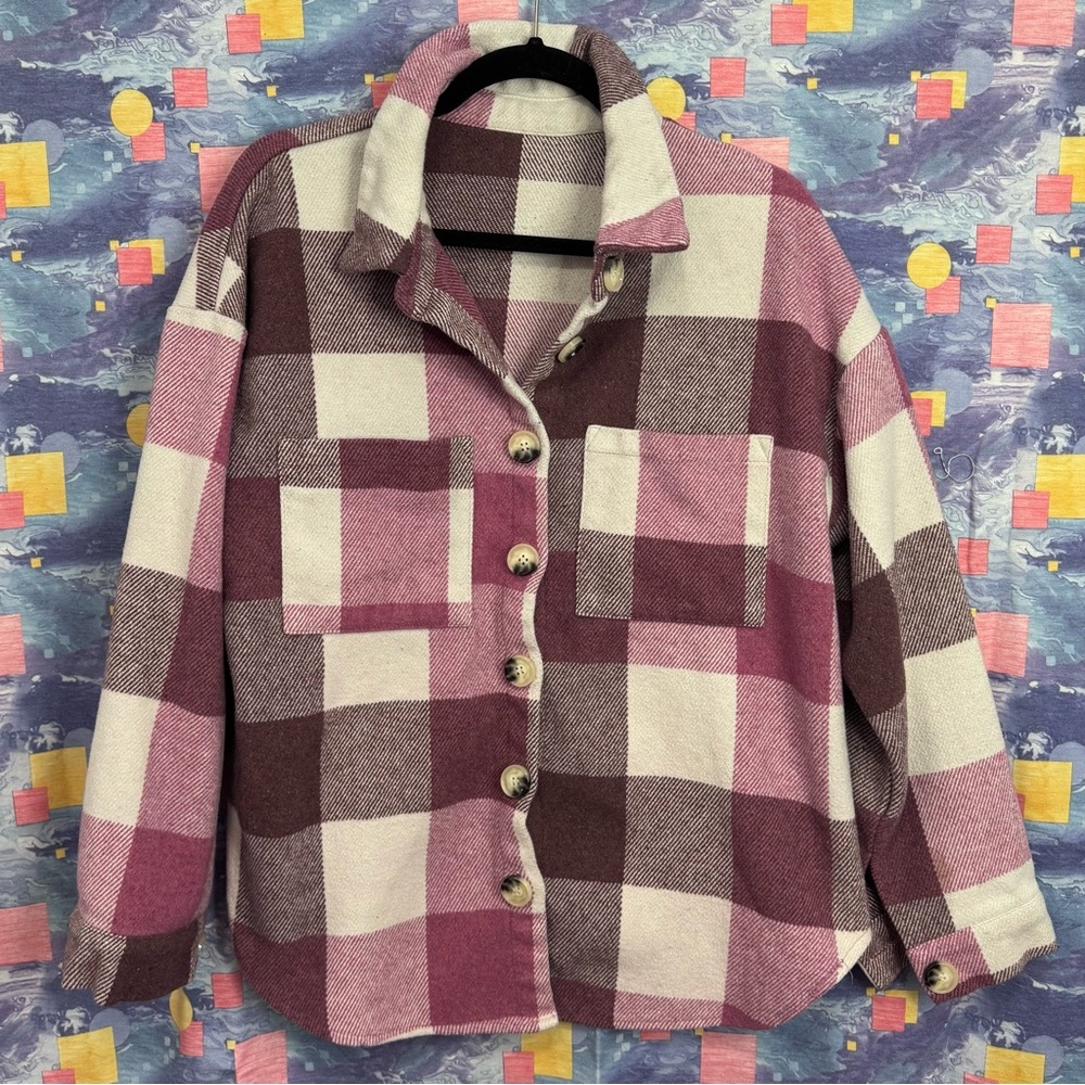 Women's Pink and White Plaid Flannel Button Down Fall Shirt Jacket (Shacket)